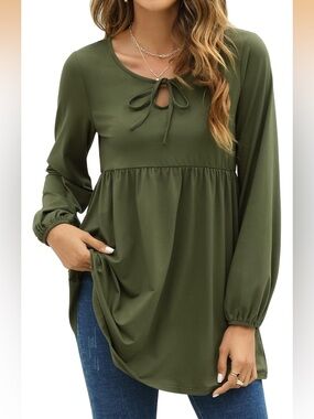 Olive Green Keyhole Tie Long-Sleeve Women's Maternity Babydoll Blouse